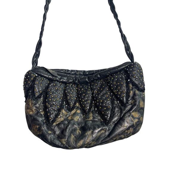 Vintage Rita Diana for Mylinka Black Metallic Rhinestone Leather Crossbody Purse - Picture 3 of 5